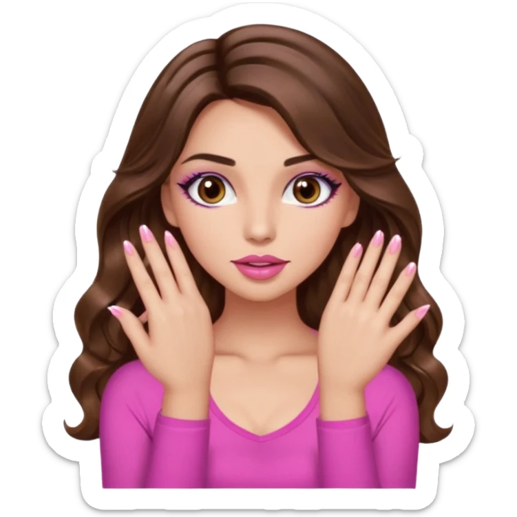 girl with long wavy brown hair, brown eyes, light to medium complexion, in a pink sexy top, pink lips, long lashes, puckered lips, showing my manicure one hand 5 fingers sticker