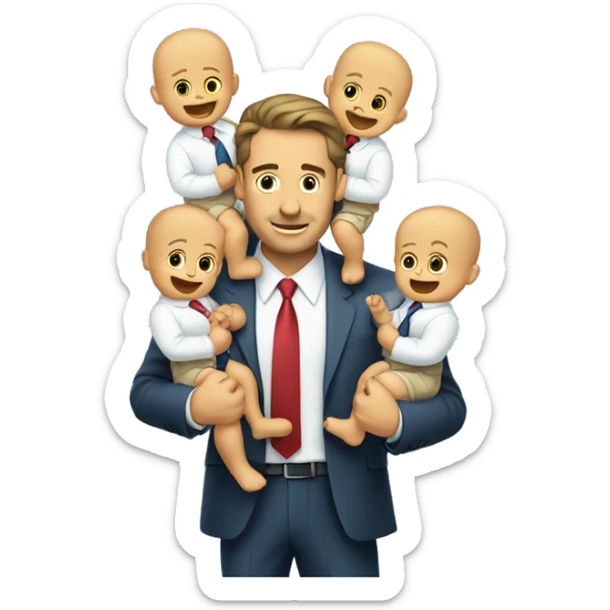 a businessman holding two babies, one in each arm. The business man has two more arms coming out of him, and with each of those he's dangling cash over the babies' heads sticker