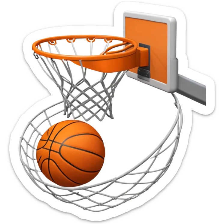 A close-up of a basketball swishing through the hoop, with the net slightly bouncing. The background features a blurred basketball court, capturing the excitement and precision of scoring in the game. sticker