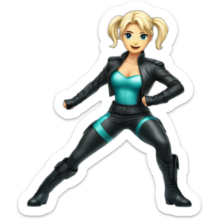 1 girl, leather suit, latex legwear, leather skirt, platinum blonde hair, ponytail, smirk, aqua eyes, leather boots Victory pose, Fighting stance sticker