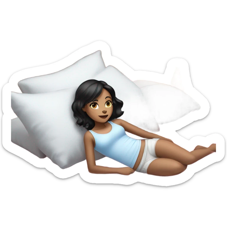 a black-haired girl with blue eyes and fair skin, lying on the bed in a white top but covered by a plaid, the straps are visible, the plaid is pink sticker