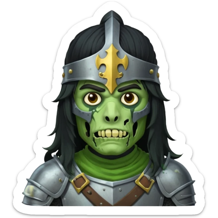 a male with long black rough hair wearing a knight helmet with green zombie skin sticker
