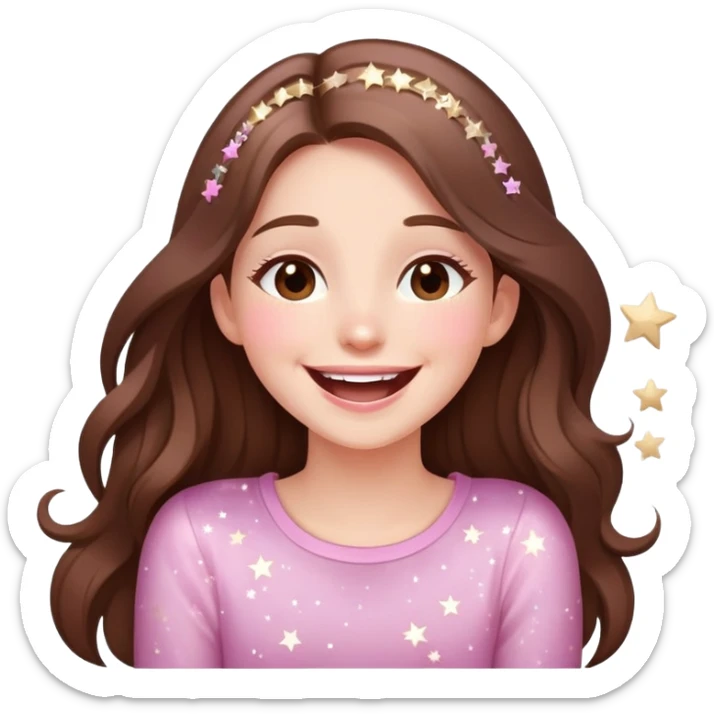girl with long brown hair laughing with stars and sparkles, light beige and pink color scheme girl with long brown hair laughing with stars and sparkles, light beige and pink color scheme sticker