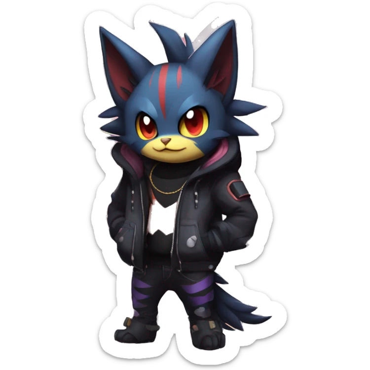 Cool Anthro Black Noibat-Quilava-Litten-Pokémon with edgy stripes hoodie spiked collar punk Full Body sticker