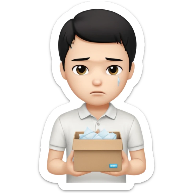 generate a pretty bratz boy with black hair, wearing a plain white polo shirt. Looking sad, holding a box of tissues sticker