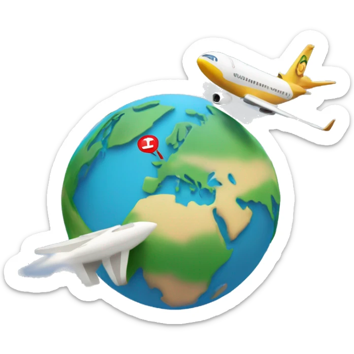 Create an emoji of a world tour, aeroplane flying on the top of the world and the destination mark is pointing towards italy  sticker