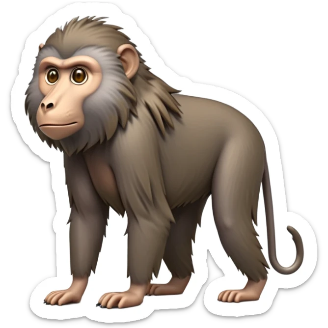 cinematic-hairy top half baboon-full-body-standing on all fours-emoji,-head-tilted-dramatically,-thick-grey-and-brown-fur,-simplified-yet-realistic-focused-features,-highly-detailed,-glowing-with-an-almost-sarcastic-glow expressive eyes, hairy mane sticker