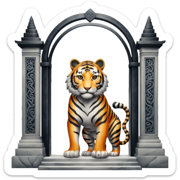 Traditional Chinese ink painting style emoji. A powerful tiger (like the ancient character 虎), standing guard in front of mystical gates (門). Energy swirls around him like a vortex (🌀). Minimalist, transparent background, 512x512 pixels. sticker