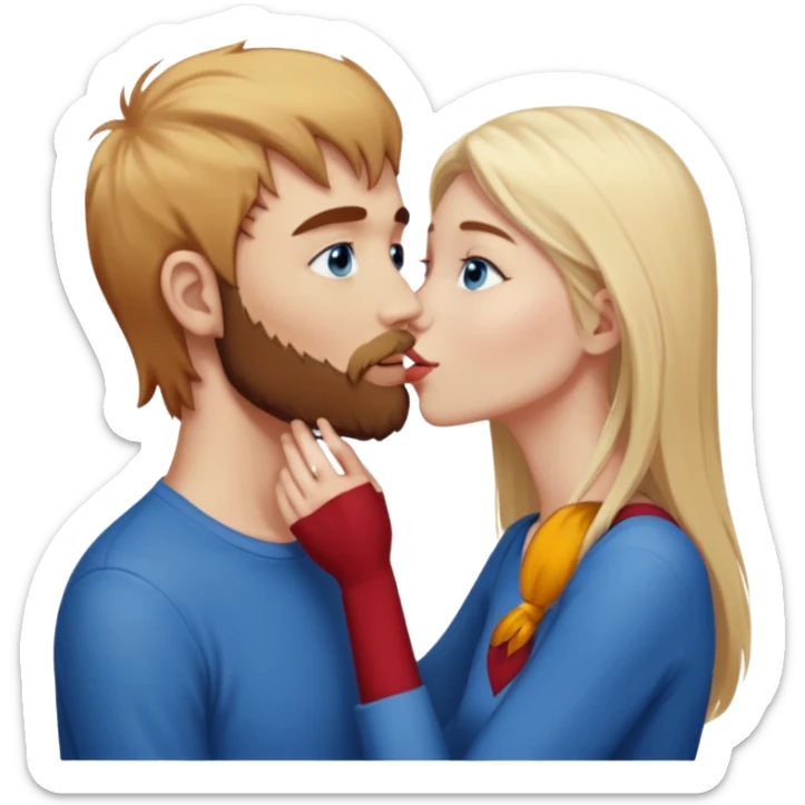 Skinny, sexy, long-pale blonde-har, straight,  blue eyes woman, kissing, reddish-brownish haired, scruffy beard, white guy sticker