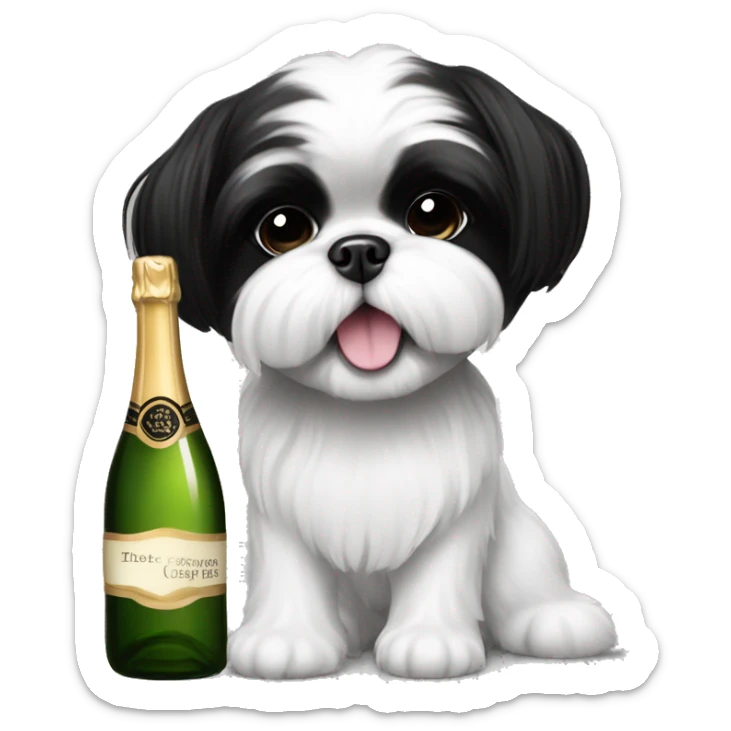 A cute black and white shih tzu playing with a bottle of champagne  sticker