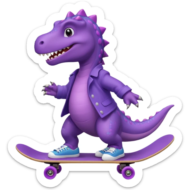 a purple dinosaur on a skateboard wearing a coat with sneakers in the bottom sticker