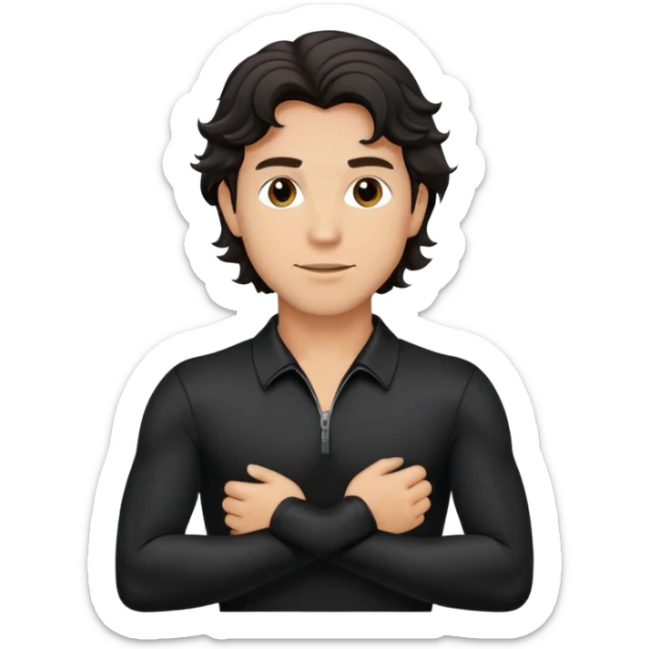 Caucasian man with black wavy hair wearing a long sleeve black spandex shirt with collar and zip to the chest sticker