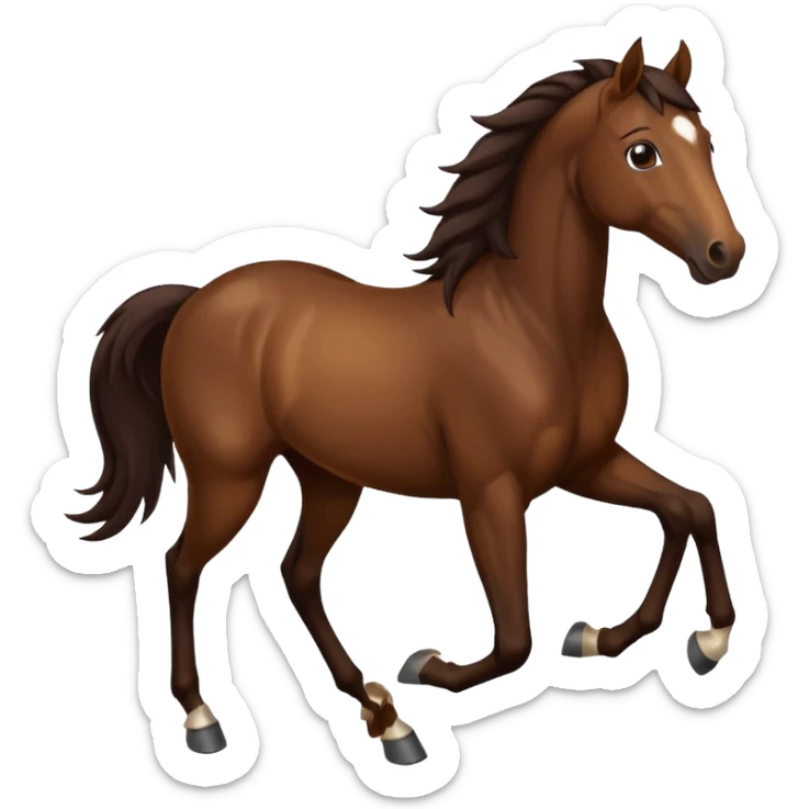 Make a brown horse emoji that has a white spot on head and deep dark brown legs up to knees, also make the tail and mane  a very very dark brown, also make the horse trotting sticker