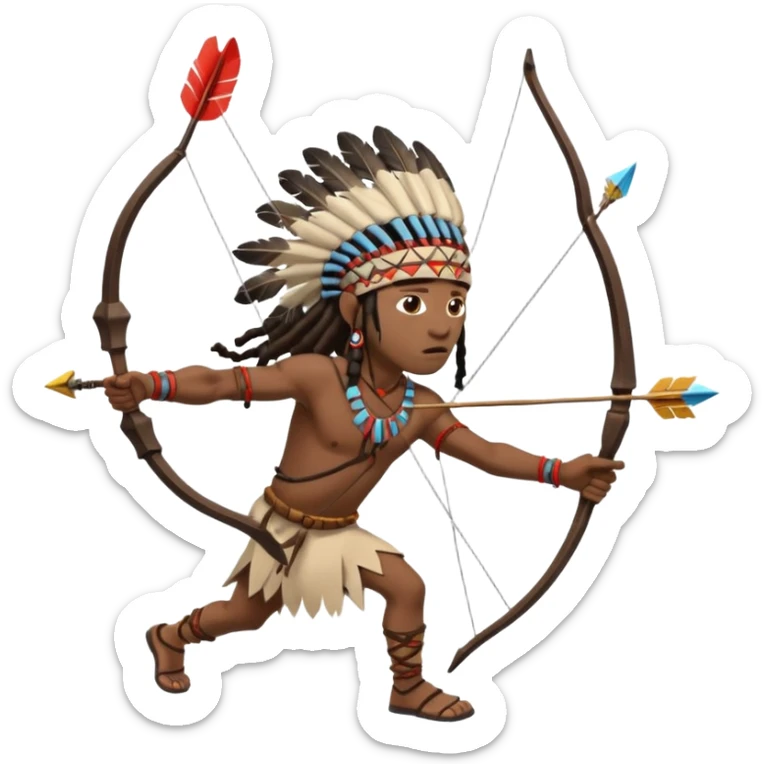 Black American man dark brown with dreads with a American Indian headdress shooting a bow and arrow at a native Indian while he runs  sticker