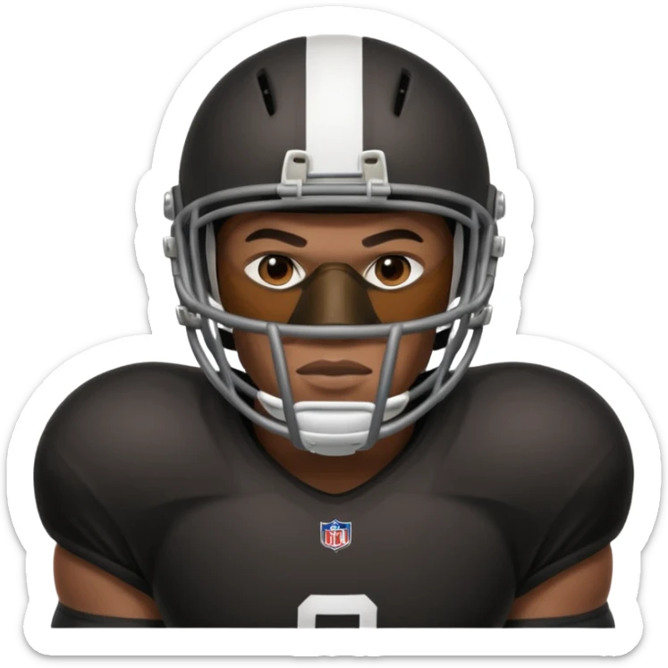 American black football player without a Helmet  and have  a goalkeeper mask which have small holes sticker