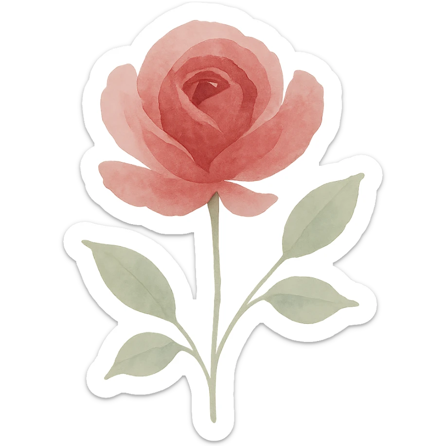 rose, flowing brushstrokes, rich pink and red colors, elegant shape, naturalistic leaves sticker