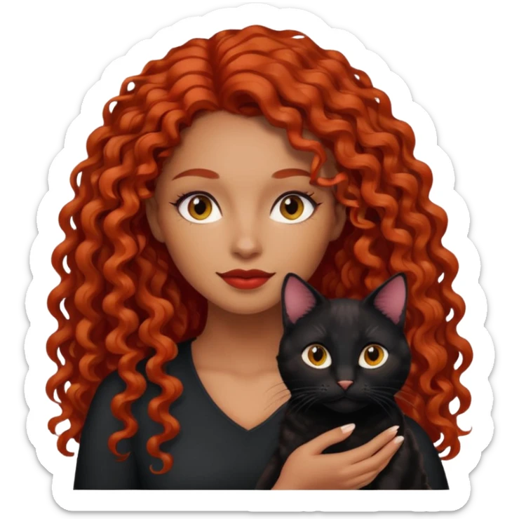 woman light brown skin long red curly hair with black cat sticker