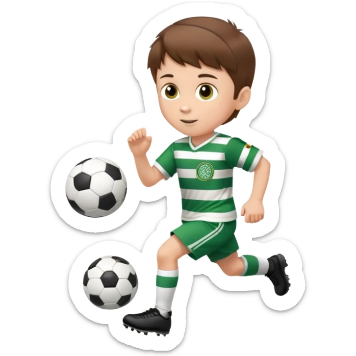 Celtic footballer jersey logo  6 years old brown hair white boy , brown eyes , stripes uniform , RUNNING  with soccer ball # 17 celtic football logo PUT ONLY ONE LOGO ONE CELTIC LOGO ONLY  sticker