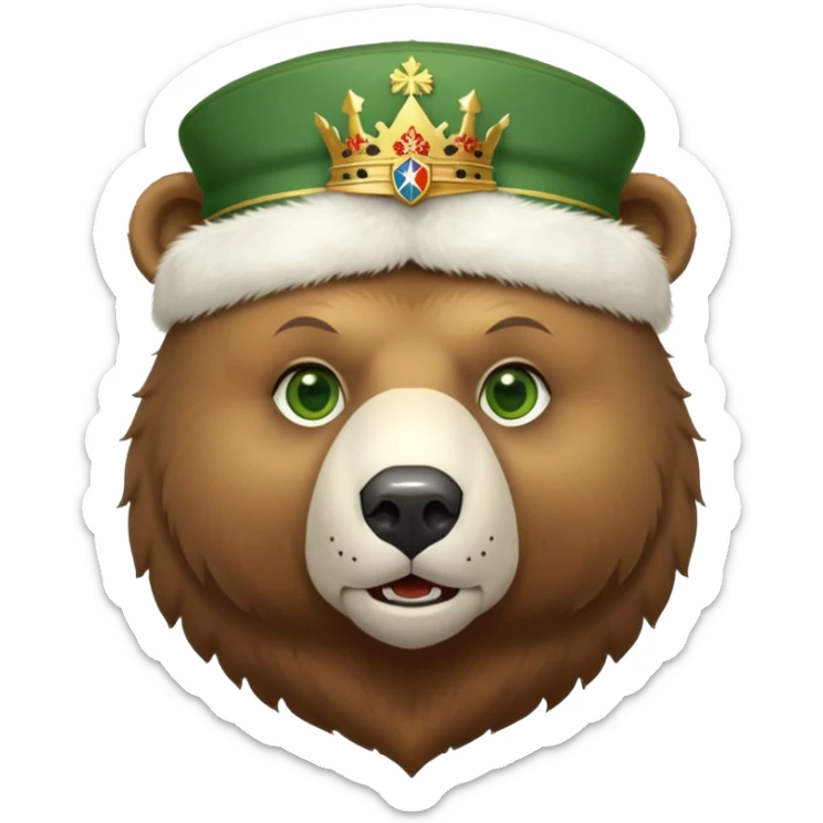 Just the head of a cute brown bear with green eyes, wearing white fur ushanka hat with highly detailed realistic Russian Federation coat of arms, showing double-headed eagle with crowns, scepter, orb and St. George shield, iOS emoji style sticker