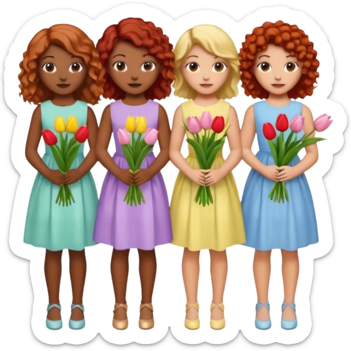 5 girls at a garden party wearing pastel dresses and holding tulips, one is black, one is blond, one has brown hair, one has red hair, one is mixed with curly hair sticker