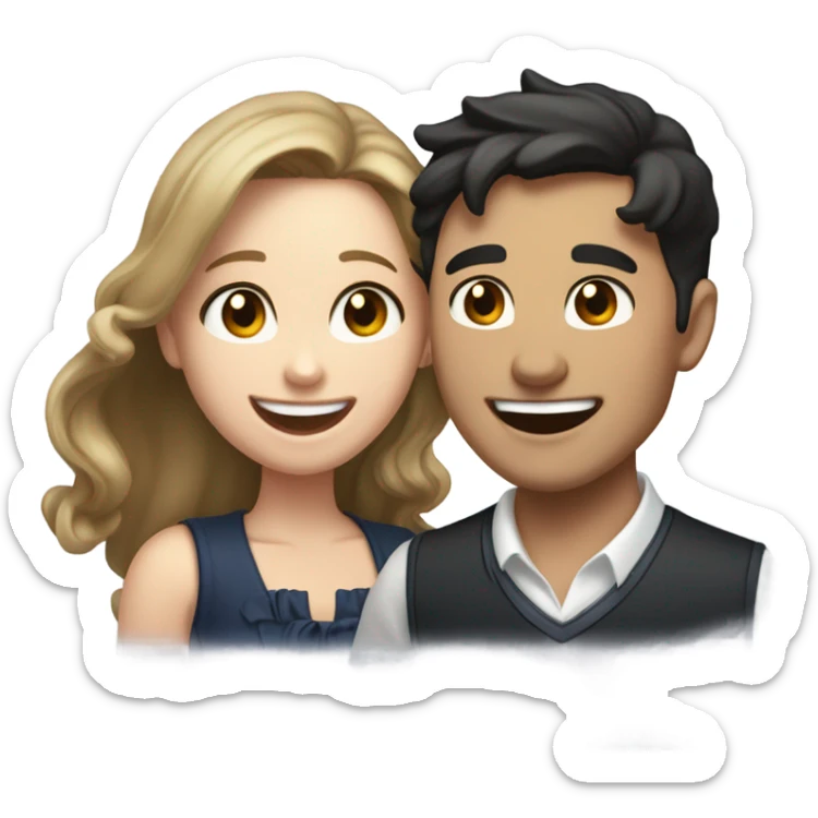 A pale half Asian man with short dark hair and amber eyes laughing with a white woman with long wavy brunette hair and dark hazel eyes. They love each other a lot And have good fashion taste and are hugging each other tight  sticker