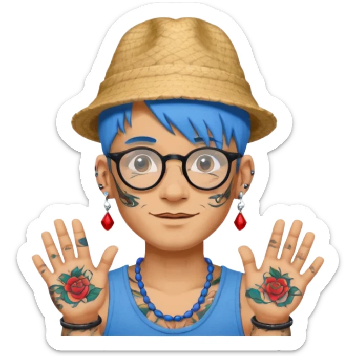 unique looking tourist with big unique red tourist hat and earrings, man with lots of tattoes and spectacles, blue hair showing sticker