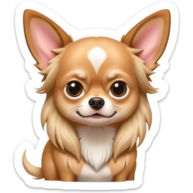 Cinematic Meme-Worthy Grumpy Long Haired Fawn Chihuahua Portrait Emoji, Head held high but eyes filled with dramatic disappointment, smooth long fawn hair cascading elegantly, deeply furrowed brow forming an unmistakable scowl, floppy ears slightly angled back in disapproval, piercing dark eyes glaring with pure exasperation, Simplified yet hilariously over-exaggerated features, highly detailed, glowing with an aura of supreme annoyance, high shine, exhausted yet judgmental, stylized with an almost regal pettiness, bright but brooding, soft glowing outline, capturing the essence of a companion that has seen it all and is thoroughly unimpressed, so meme-worthy it feels like it could instantly become the next viral sensation of grumpiness! sticker