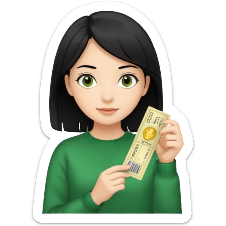 A girl with a single tuft of black hair, brown eyes, a green sweater, and theater tickets in her hands sticker