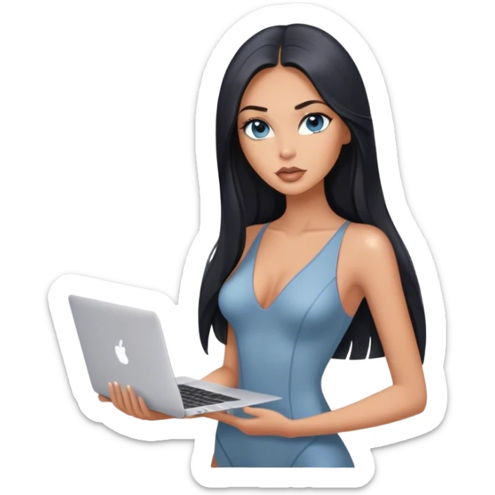 Glamours tanned very beautiful girl with pump nude lips and black straight smooth long hair, blue-grey eyes in bodysuit with one MacBook. sticker