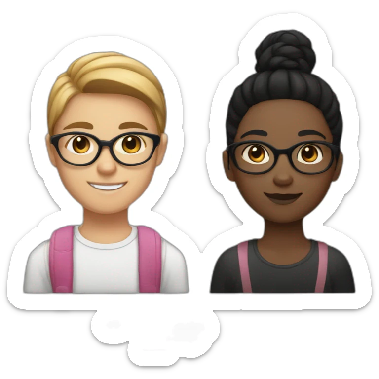  A girl, a boy, and a cat. The girl is white, with black straight hair and wears glasses. The boy is dark-skinned with a bun. The cat is black and white with a black spot on its mustache sticker