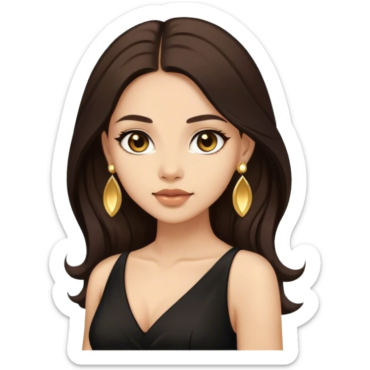 Beautiful woman,cute, long dark brown hair in dark dress with gold earrings sticker