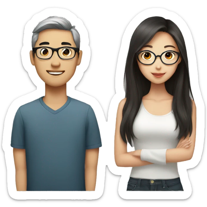 Asian boyfriend with glasses and Asian girlfriend with long hair without glasses sticker