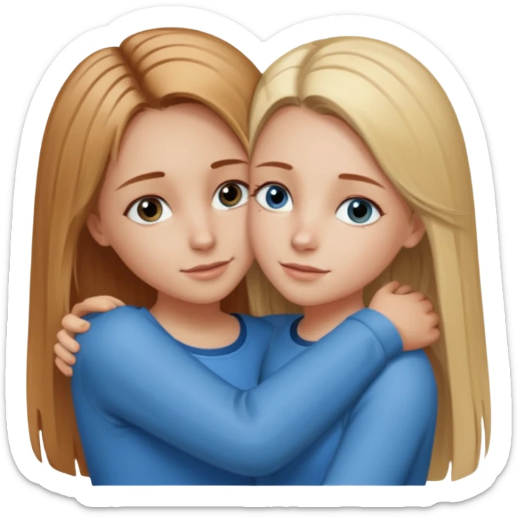 Two girls are hugging. One has dirty blonde hair with a little reddish in it. She has also grey eyes with a little hazel in it. Her hair is long and straight. The other girl is blonde and has really bright blue eyes sticker