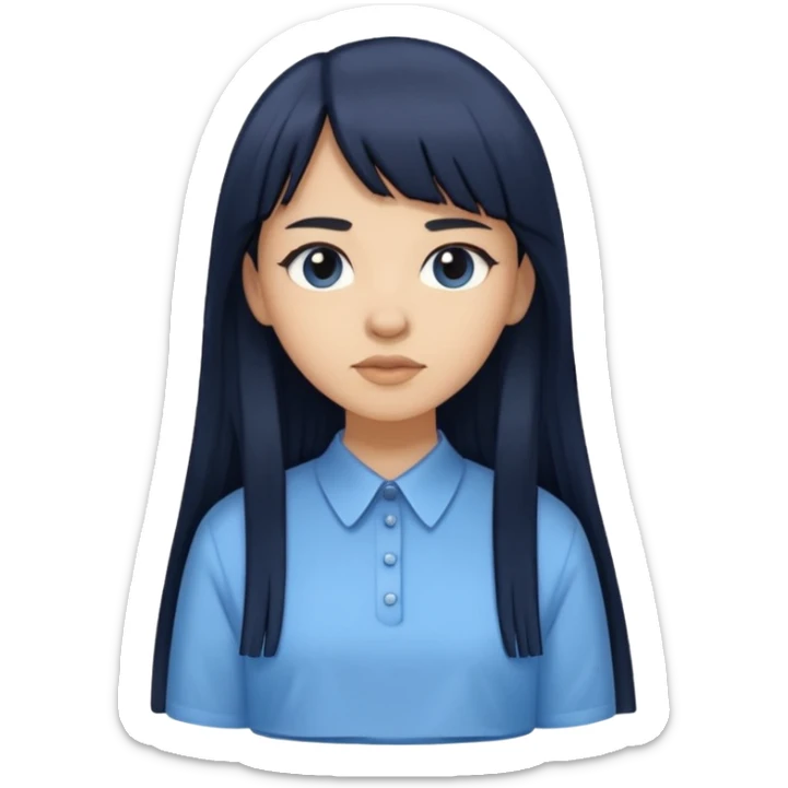 hair : black long hair with fringe 
skin : light 
cloth : oversize light blue shirt + navy long long skirt 
 sticker