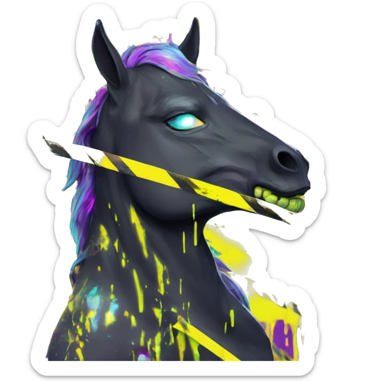 .Zombie_ Vaporwave black holographic oilslick zombie unicorn yellow caution tape sticker