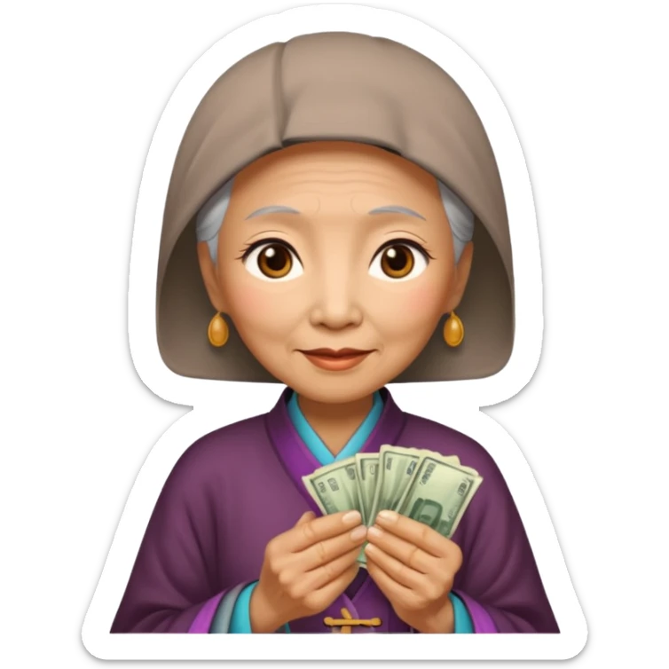old chinese woman with Compassion - sympathetic concern for the sufferings of others, offering money sticker