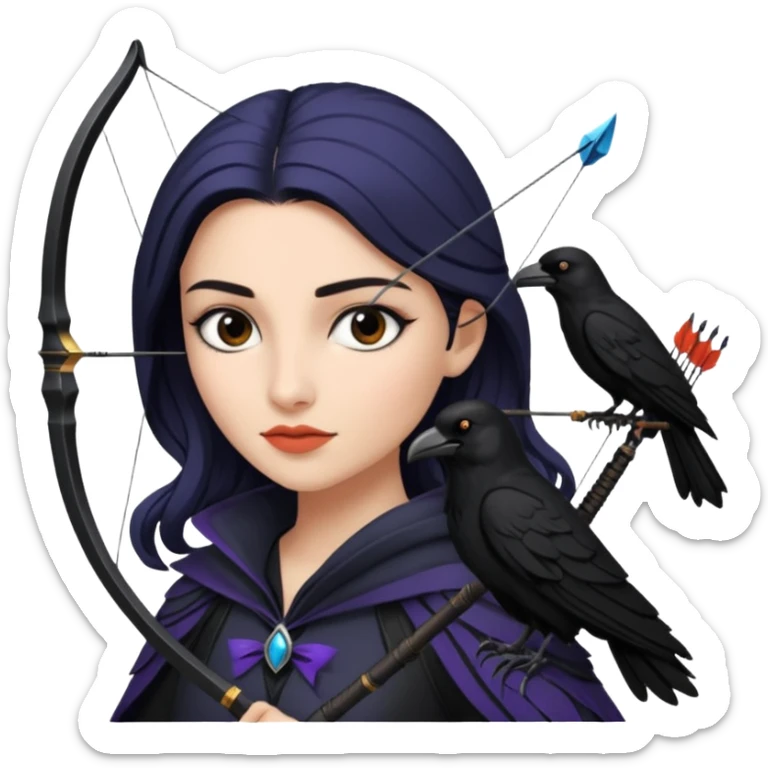 Alysanne Blackwood from Game of Thrones. She is known as black aly and is the Wife of Cregan Stark. I have her looking like Hande Erçel. Show her with a raven and a bow and arrow sticker