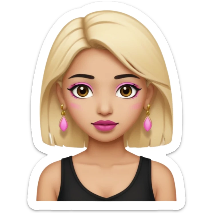 Sweet Indian girl blond hair black eyes brown/pink lipstick pink blush black top gold earrings brown eyebrows  sticker