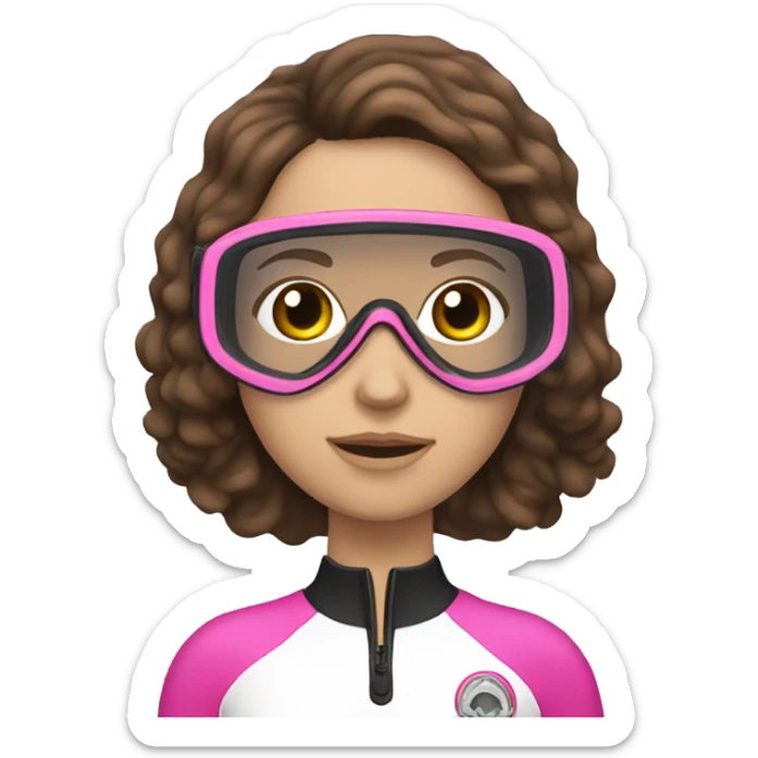 Woman Scuba diving underwater, the woman should have brown wavy hair, brown eyes, white skin tone and a pink mask / fins sticker
