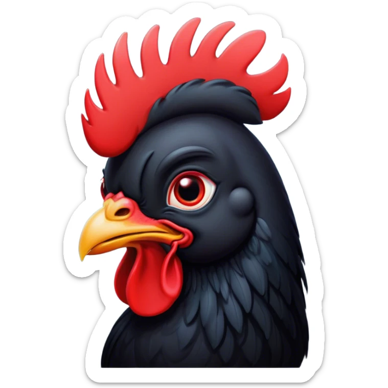 Cinematic Cute Black Rooster Portrait Emoji, Head tilted playfully and inquisitively, featuring a glossy, immaculate black plumage with a vibrant red comb, round, sparkling eyes filled with curiosity, Simplified yet irresistibly adorable features, highly detailed, glowing with a warm, friendly glow, high shine, affectionate and spirited, stylized with a touch of farmyard whimsy, bright and endearing, soft glowing outline, capturing the essence of a mischievous yet loving rooster, so playful it feels like it could strut out of the screen and into your arms! sticker