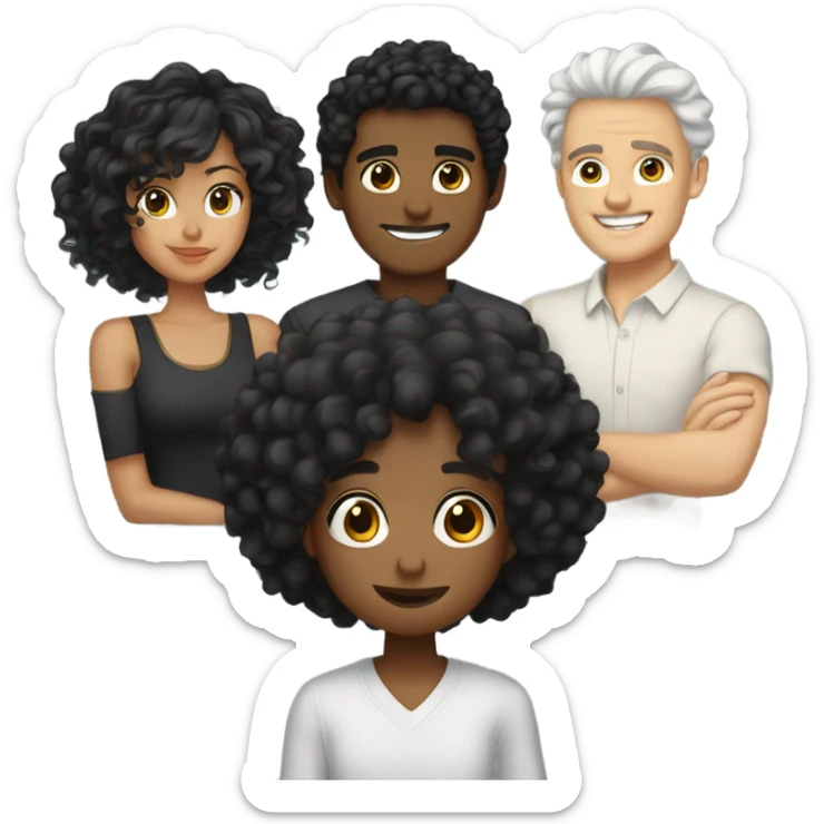1 male tan, taller, black curly hair and 1 female white, wavy hair, black hair color hugging  sticker