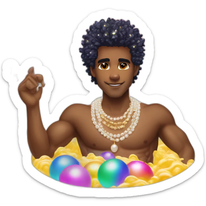 posh-muscle-boy-with-pearl-necklace-and-rainbow-unicorn-hair-in-golden-bathtub sticker