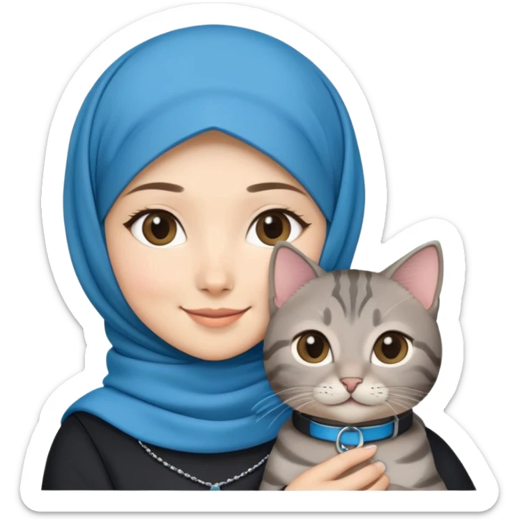 Asian White girl wearing hijab holding a black grey tabby cat while smiling. The cat is wearing a blue collar sticker