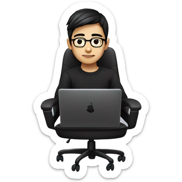 asian boy with glasses, long long straight hair, wearing black clothes , working on his laptop seating on a gaming chair sticker
