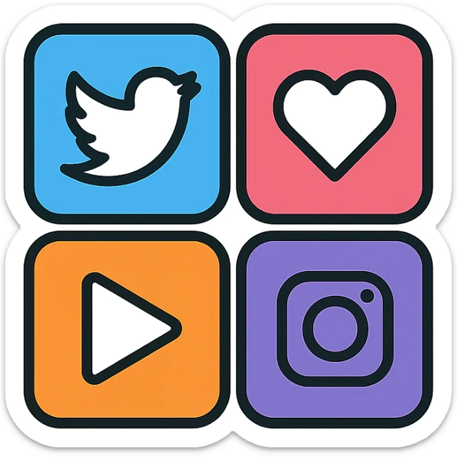 a set of social media icons grouped together, clean modern icon style, clear outlines, simple color accents, representing multiple platforms sticker