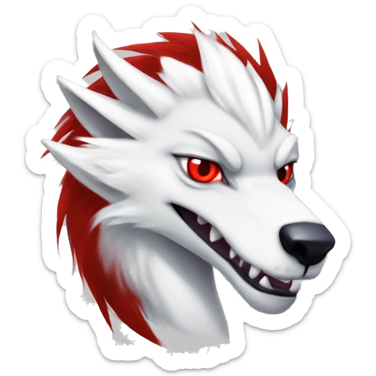 White edgy cute badass epic anthro modern albino sergal-vernid-Fakémon with red mane and red eyes, full body sticker