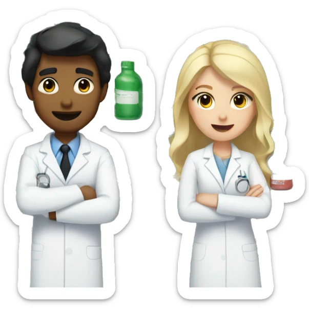 blonde female pharmacist next to male chemist with black hair and pale skin sticker