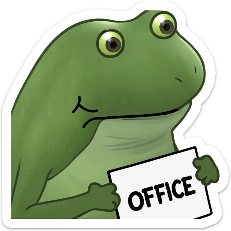 bufo frog meme style, bufo holding an 'out of office' sign, relaxed vacation vibe sticker