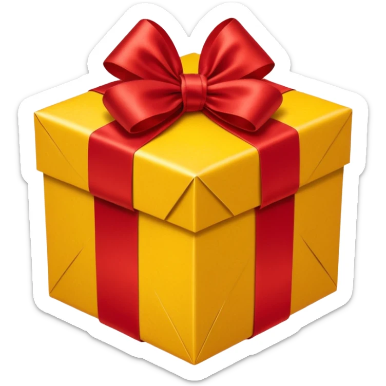 box with yellow wrapping paper and a length of red ribbon surrounding it sticker