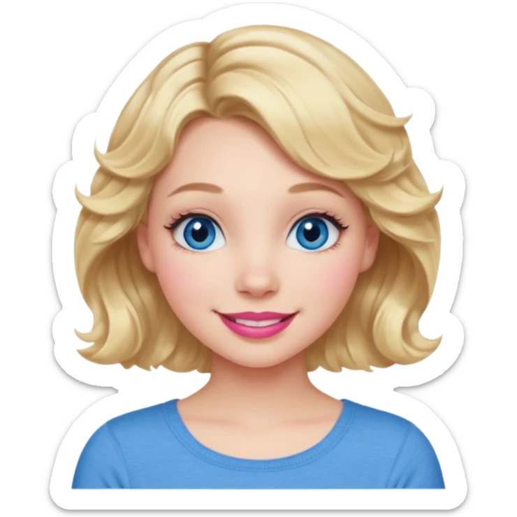 Girl Blonde short wavy hair,  blue eyes, cute blue top, long lashes, pink lips, 👄 big smile  sticker
